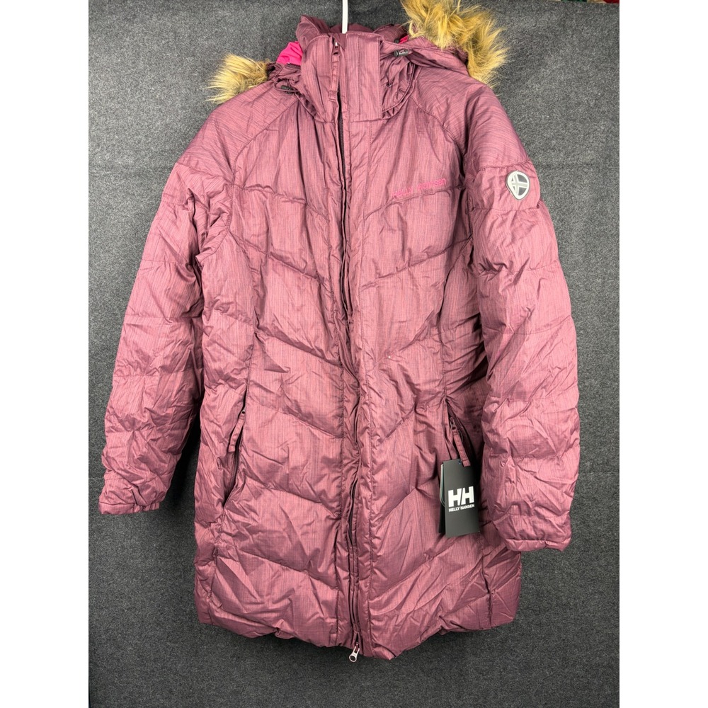 Helly Hansen Hilton Down Parka Bordeaux Red Puffer Jacket Faux Fur Hood XL nwt